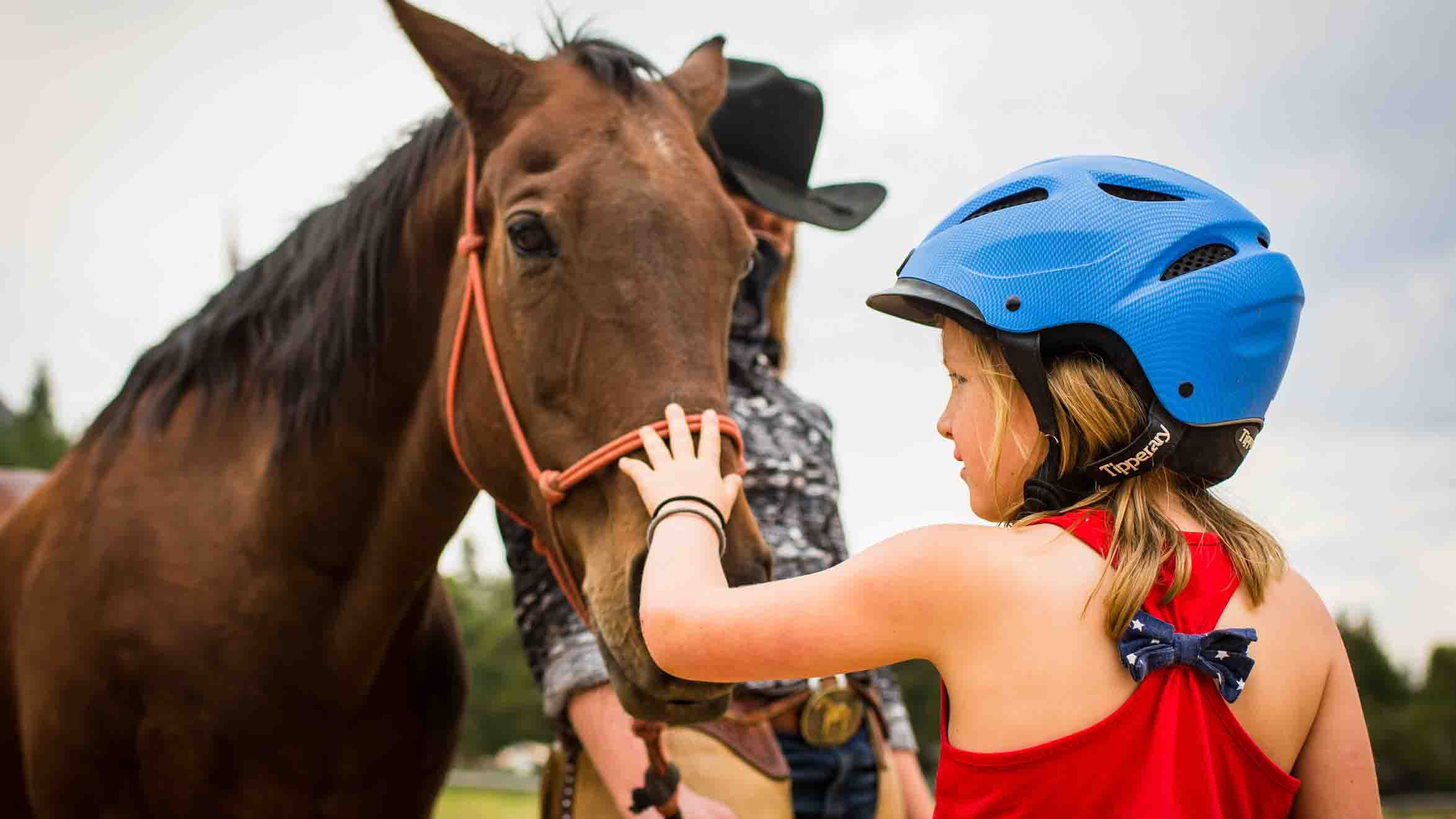 Little girl petting horse